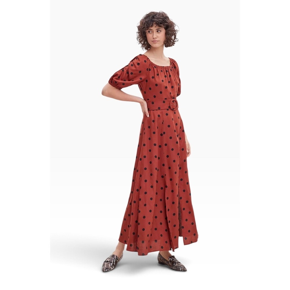 Maeve Anthropologie Maxi Dress Women 4 Rust Polka Dot Puff Sleeve Belted Boho